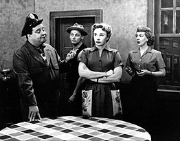 Ralph Kramden (Jackie Gleason) with Ed Norton (Art Carney), Alice Kramden (Audrey Meadows) and Trixie Norton (Joyce Randolph) in a Honeymooners scene. Honeymooners full cast 1963.JPG