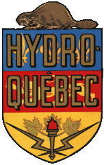 Hydro-Québec's old logo: the red, blue and yellow coat of arms of Quebec surmounted by a beaver and featuring the words HYDRO-QUEBEC in bold and two bolts of lightning