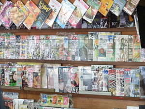 Indonesian magazines at a kiosk in Jakarta.