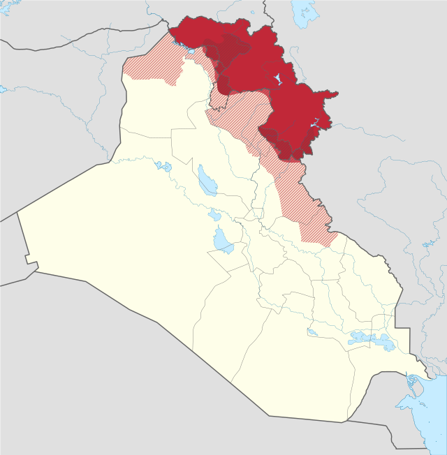   שטחי כורדיסטן העיראקית (השטחים באדום בהיר הם שטחים במחלוקת)