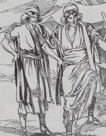 Two men with thick, curled hair approximately down to their shoulders, along with goattee-like beards. They also wear hats similar to the other two, and they wear tunics, though theirs go all the way to their shins. They wear sandals as well, but over their tunics they have long dark shawls.