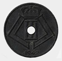 A Belgian coin with the monogram of Leopold III, minted during the occupation. Leopold III - 25 Cents 1943.jpg