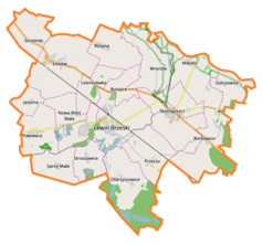 Mapa konturowa gminy Lewin Brzeski, w centrum znajduje się punkt z opisem „Kościół Wniebowzięcia Najświętszej Maryi Panny w Lewinie Brzeskim”