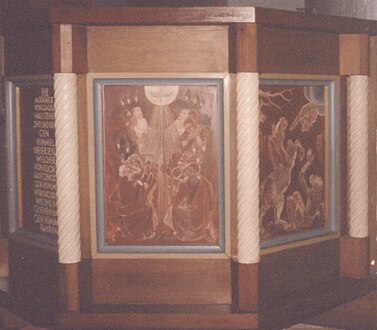 Links der Engel am leeren Grab (Mk 16,5 EU), daneben die Emmaus Jünger mit dem Auferstandenen auf dem Weg (Lk 24,13 EU)
