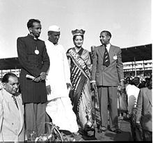 Miss India 1952, Indrani Rehman with former Indian Congress leader S.K. Patil, and two of the sponsors of the Miss India contest of 1952 Miss India Indrani Rehman, S.K. Patil, and two of the sponsors of the contest.jpg