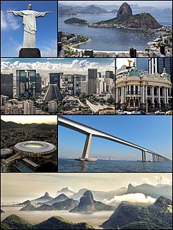 From the top, left to right: Christ the Redeemer, Botafogo's cove, Rio Downtown, Rio–Niterói bridge, Maracanã Stadium, and panoramic view of Barra da Tijuca from Pedra da Gávea