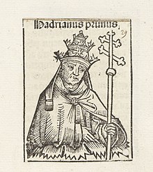 Adrian I as depicted in the 15th century Nuremberg Chronicle Paus Adrianus I Hadrianus primus (titel op object) Liber Chronicarum (serietitel), RP-P-2016-49-58-8.jpg