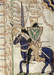 The miles Christianus allegory (mid-13th century), showing a knight armed with virtues and facing the vices in mortal combat. Peraldus Knight.jpg