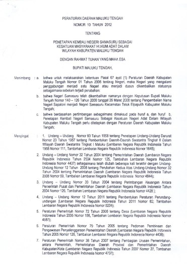 Peraturan Daerah Kabupaten Maluku Tengah Nomor 10 Tahun 2012 tentang Penetapan Kembali Negeri Samasuru sebagai Kesatuan Masyarakat Hukum Adat dalam Wilayah Kabupaten Maluku Tengah
