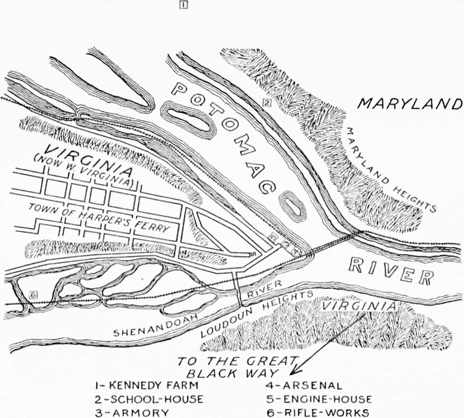 A map of the rivers acting as borders for Maryland and Virginia, centering on Harper's Ferry