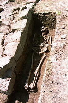 Unearthed grave from the medieval Poulton Chapel Poulton Chapel Burial - geograph.org.uk - 3343711.jpg