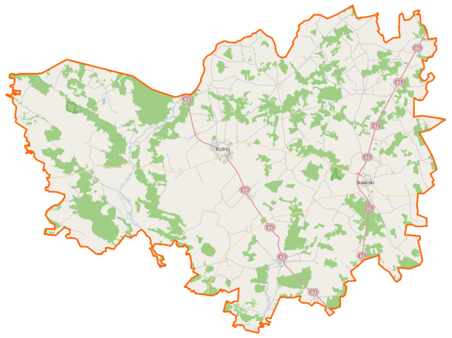 Mapa konturowa powiatu kolneńskiego, w centrum znajduje się punkt z opisem „Kolno”