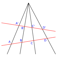 A perspectivity:

A
B
C
D

A
'
B
'
C
'
D
'
,
{\displaystyle ABCD\doublebarwedge A'B'C'D',} Projection geometry.svg