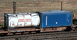 A spine car with a 20-foot tank container (left) and an open-top 20-foot container with canvas cover (right) Railroad car with container loads.jpg