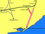 Map of rail lines in Ramsgate, the Tunnel Railway is shown in red