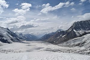 Hispar-Gletscher vom Hispar La aus gesehen, links die Spantik-Sosbun-Berge, rechts das Hispar Muztagh