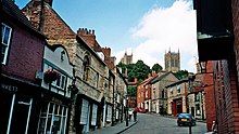 A view up 'Steep Hill' towards the historic quarter of Bailgate in Lincoln Steep Hill.jpg