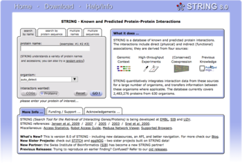 Home page of a biological database called STRING which characterises functional links between proteins. String home page.png