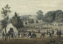A print of the 1822 meeting of the "Royal British Bowmen" archery club The meeting of the Royal British Bowmen in the grounds of Erthig, Denbighshire.jpeg