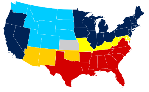 United States map of 1865:  Dark Blue:  Union states; Light Blue:  Union territories not permitting slavery; Tan:  Border Union states, permitting slavery; Gray:  Bleeding Kansas, entered Union; Red:  Confederate states, Yellow:  Union territories permitting slavery