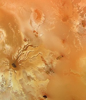 Voyager 1 image showing lava flows radiating from Ra Patera at lower left (March 5, 1979). Volcanic crater with radiating lava flows on Io.jpg