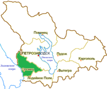 Map depicting a portion of the Russian empire with the Olonetsky district of Olonets province highlighted.