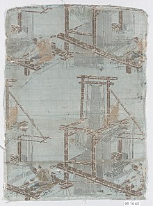 Drawloom, with drawboy above to control the harnesses, woven as a repeating pattern in an early-1800s piece of Japanese silk. The silk illustrates the means by which it was produced. Gao Ji Mo Yang Lie -Textile fragment with incomplete repeating pattern of loom, weaver, and drawboy MET DP11389.jpg