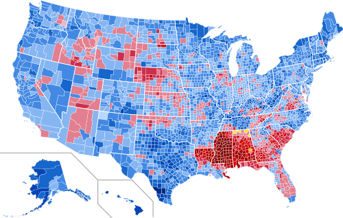 Results by county, shaded according to winning candidate's percentage of the vote