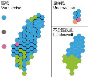 Wahlkreisergebnisse in den 73 Wahlkreisen, die 6 durch die Ureinwohner und die 34 über Landeslisten gewählten Abgeordneten in hexagonaler Darstellung (Farben wie beschrieben)