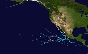 The cumulative track of all systems in the 2021 Pacific hurricane season.