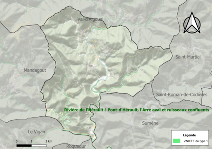 Carte des ZNIEFF de type 1 sur la commune.