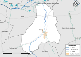 Carte en couleur présentantle réseau hydrographique de la commune