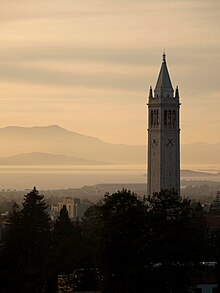 Sather Tower (the Campanile) looking out over San Francisco Bay and Mount Tamalpais CampanileMtTamalpiasSunset-original.jpg