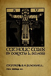 The book cover for the first edition. A stylised image of a crucified Christ is surrounded by the name of the book and author.