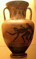 Anal sex between two males. The figure on the left is playing with a hoop. Amphora. Etruscan. 5th century BCE Ceramica Gabinetto segreto Napoles.JPG