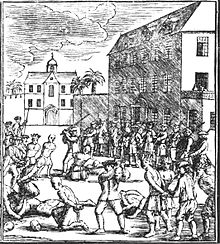 A black and white drawing of the execution of Chinese prisoners during the Batavia massacre. Decapitated heads can be seen on the ground, with one Dutch soldier in the midst of decapitating another prisoner. Armed guards stand watch over the group, including the prisoners queued for execution.