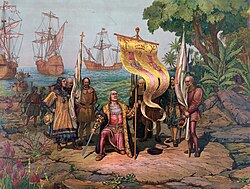 Gergio Deluci, Christopher Columbus arrives in America in 1492, 1893 painting. Columbus Taking Possession.jpg