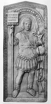 The emperor Honorius, a contemporary depiction on a consular diptych issued by Anicius Petronius Probus to celebrate Probus's consulship in 406, now in the Aosta museum Consular diptych Probus 406.jpg