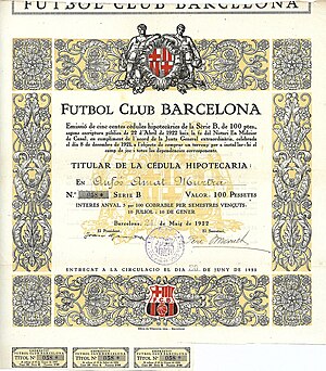 Obligation hypothécaire de 100 pesetas du Futbol Club Barcelona, émise le 24 mai 1922 à Barcelone, signée en tant que président par le fondateur du club, Joan Gamper