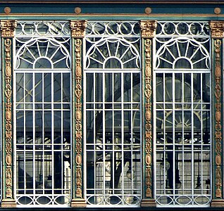 Renaissance Revival margents on pilasters of the Hielanman's Umbrella, Glasgow, UK, unknown architect, 1879