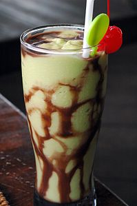 Indonesian-style avocado milkshake with chocolate syrup