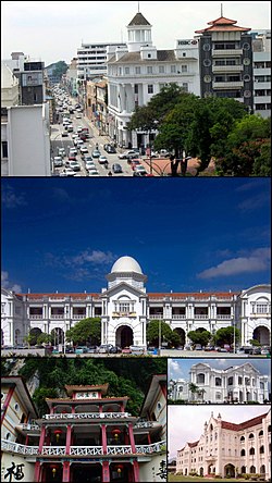 Dari kiri atas ikut pusingan jam: Jalan Tun Sambanthan di Bandar Lama, Stesen Keretapi Ipoh, Bangunan Dewan Bandaran Ipoh, Institusi Saint Michael, Perak Tong