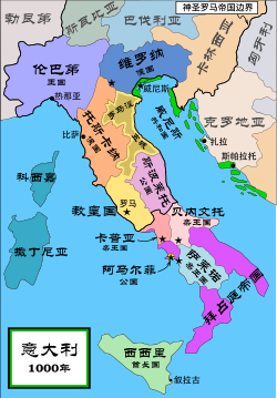 公元1000年的意大利半岛 西西里酋长国以浅绿色显示