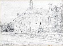 A lightly-rendered pencil sketch of the rear and east facades of the house