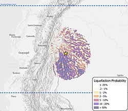 美國地質調查局製作的震中附近地區發生土壤液化現象的概率圖。