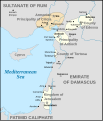 Sultanate of Rum (1077–1308 AD), Armenian Kingdom of Cilicia (1080–1375 AD), County of Edessa (1098–1144 AD), Principality of Antioch (1098–1268 AD), Kingdom of Jerusalem (1099-1187/1192-1291 AD) and Fatimid Caliphate (909-1171) in 1100 AD.