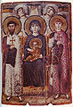 Virgen entronizada con el Niño, santos y ángeles, y sobre ellos la mano de Dios. Icono bizantino del sigo VI conservado en el monasterio de Santa Catalina del Sinaí, probablemente el más antiguo conservado con el tema.