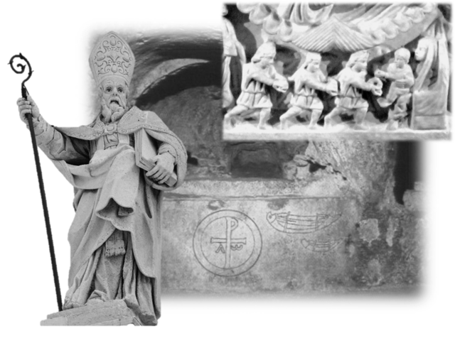 Nell'immagine statue e reperti di Siracusa: San Marciano, tomba del vescovo Siracosio con simboli cristiani, Sarcofago di Adelfia: Re Magi recano doni al bambino Gesù