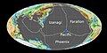Beginn des Pazifischen Ozeans vor 180 mya in der blau markierten Triple Junction der ozeanischen Platten