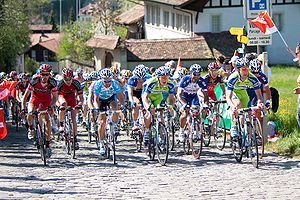 Tour de Romandie 2010 : « Le peloton dans la montée de la Lorette ».